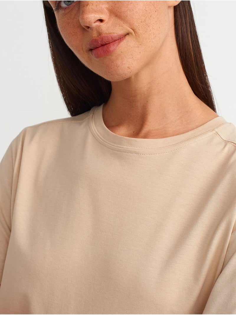 T-shirt Femme En Coton À Col Rond Beige - Kiabi