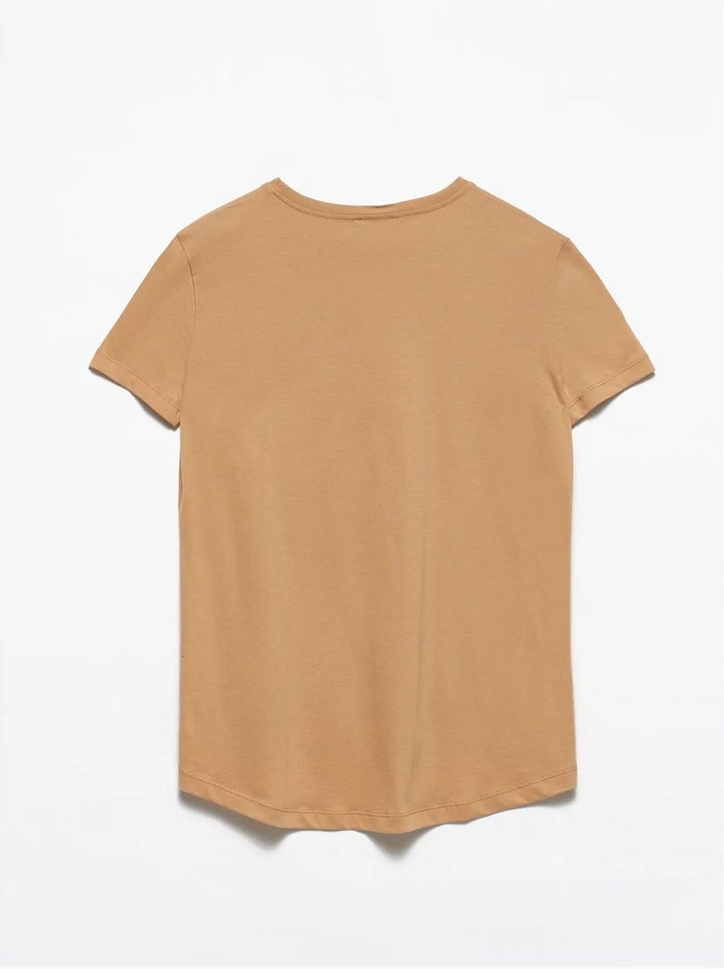 T-shirt Femme En Coton À Col Rond Camel - Kiabi