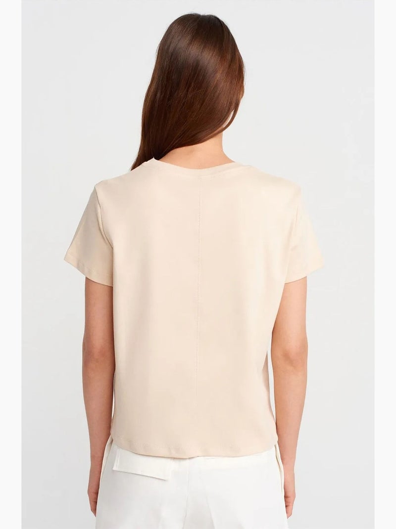 T-shirt femme en coton à col rond côtelé dilvin Beige argile - Kiabi