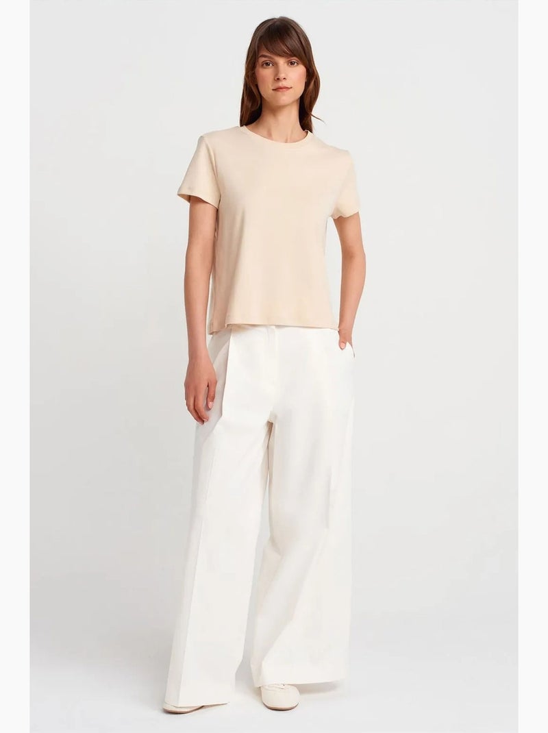 T-shirt femme en coton à col rond côtelé dilvin Beige argile - Kiabi