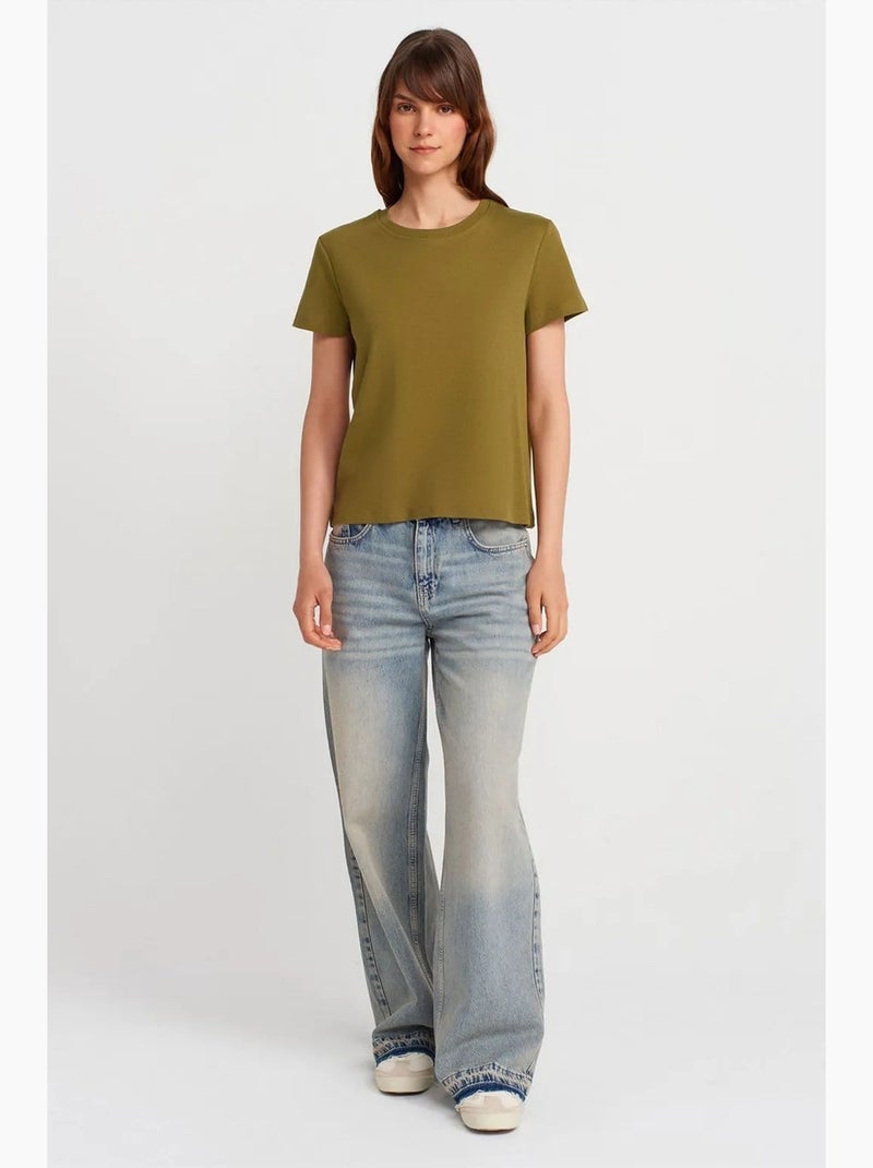T-shirt femme en coton à col rond côtelé dilvin Kaki - Kiabi