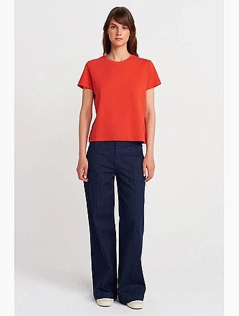 T-shirt femme en coton à col rond côtelé dilvin
