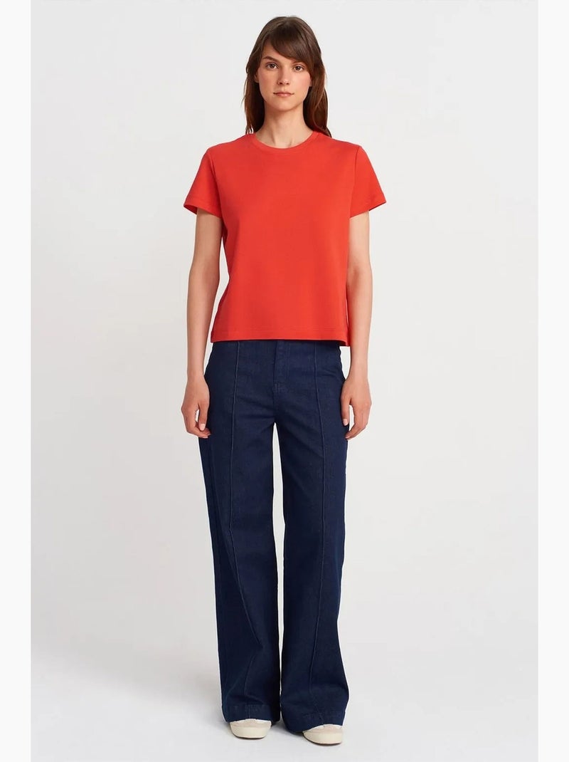 T-shirt femme en coton à col rond côtelé dilvin Orange - Kiabi