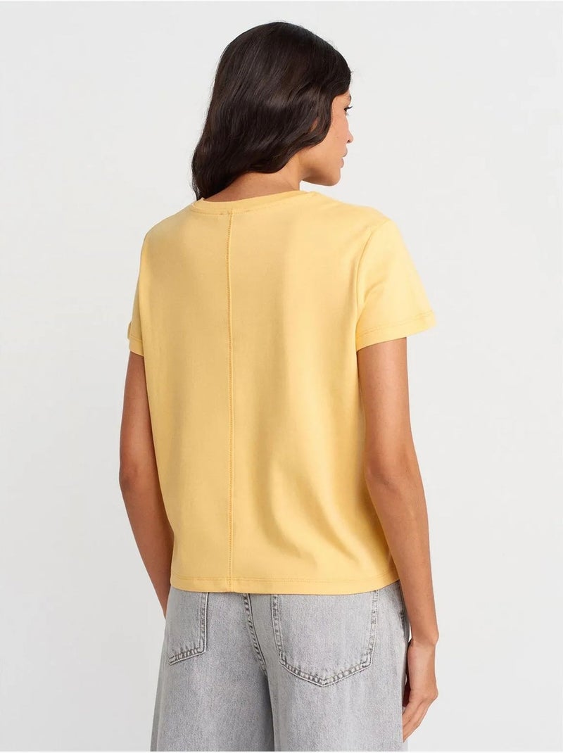 T-shirt Femme En Coton À Col Rond Côtelé Jaune citron - Kiabi
