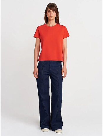 T-shirt Femme En Coton À Col Rond Côtelé