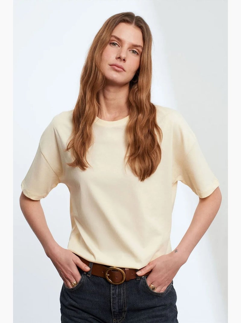 T-shirt femme en coton à col rond dilvin Crème - Kiabi
