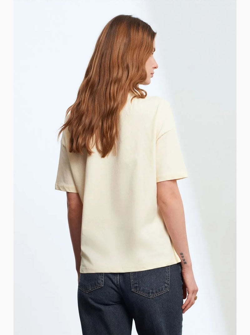 T-shirt femme en coton à col rond dilvin Crème - Kiabi