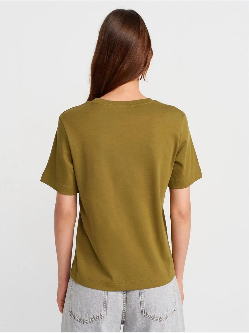 T-shirt femme en coton à col rond dilvin Vert kaki - Kiabi