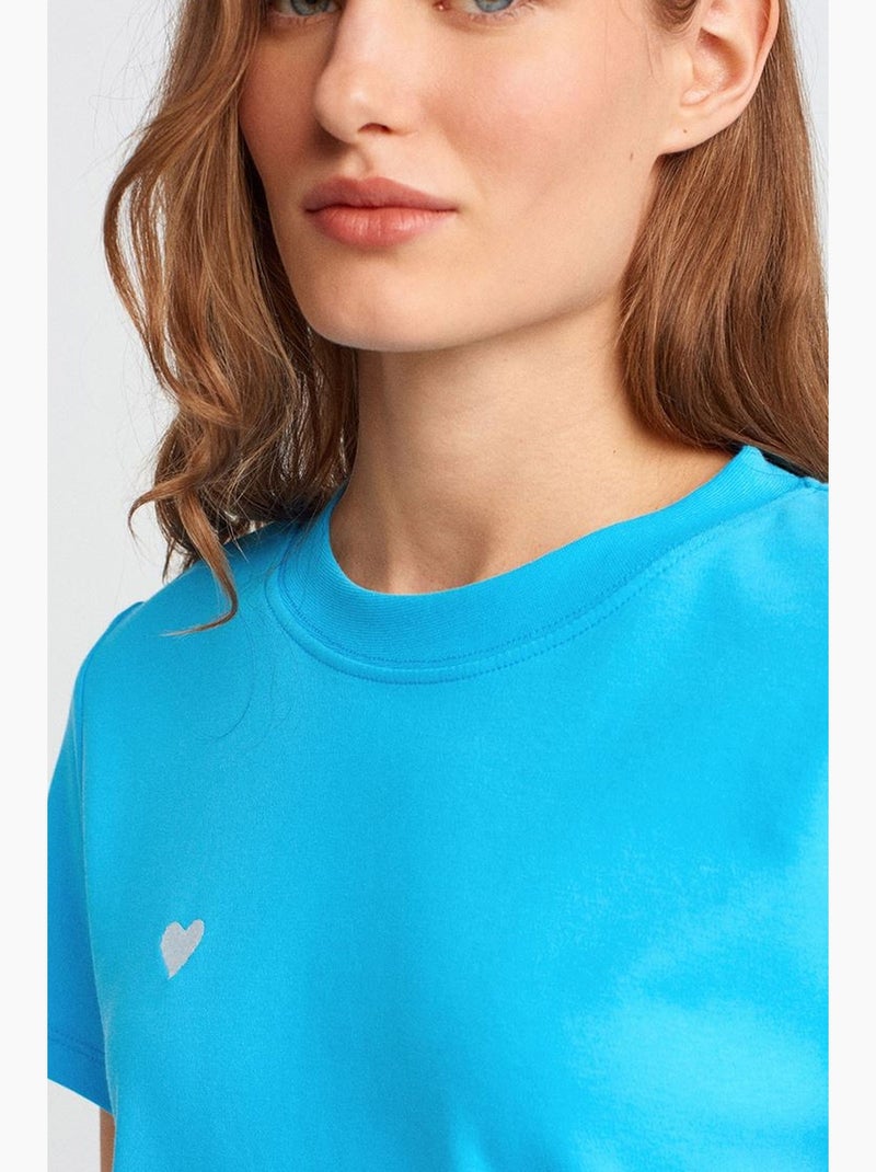 T-shirt femme en coton à col rond et broderie dilvin Bleu électrique - Kiabi