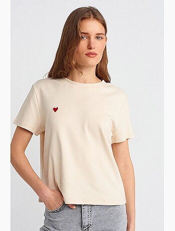 T-shirt femme en coton à col rond et broderie dilvin
