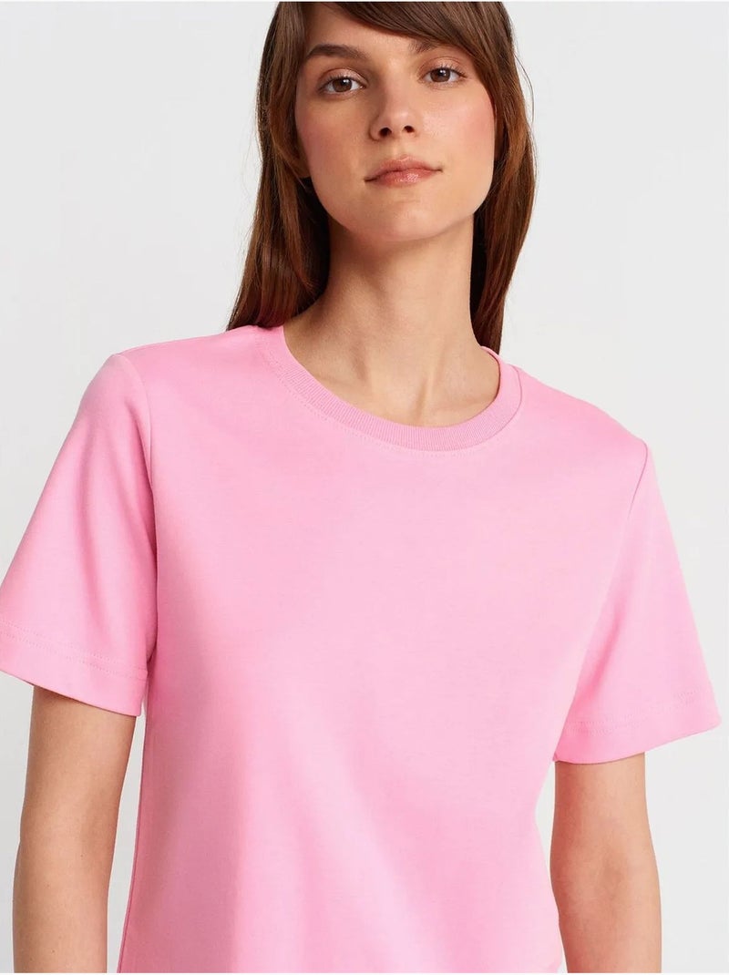T-shirt Femme En Coton À Col Rond Rose fluo/Solinotes - Kiabi