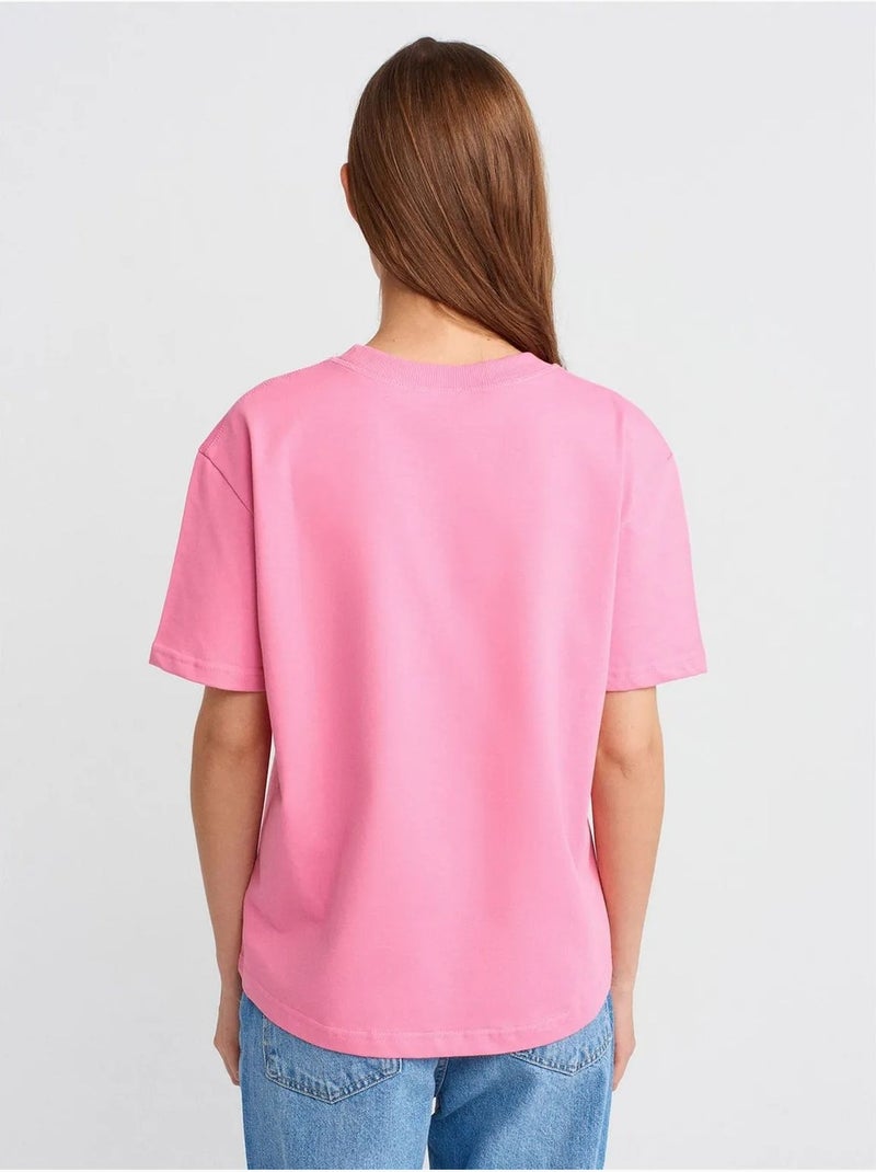 T-shirt Femme En Coton À Col Rond Rose fluo/Solinotes - Kiabi