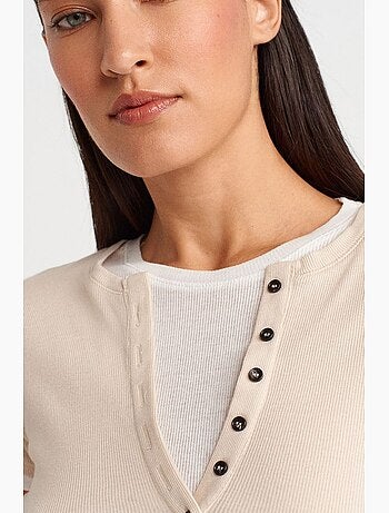 T-shirt femme en coton à col v et patte de boutonnage dilvin