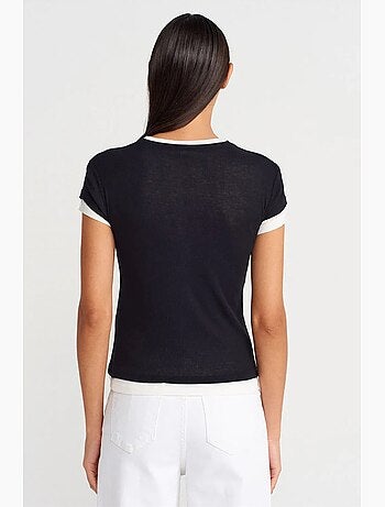 T-shirt femme en coton à col v et patte de boutonnage dilvin