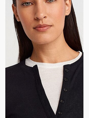 T-shirt femme en coton à col v et patte de boutonnage dilvin