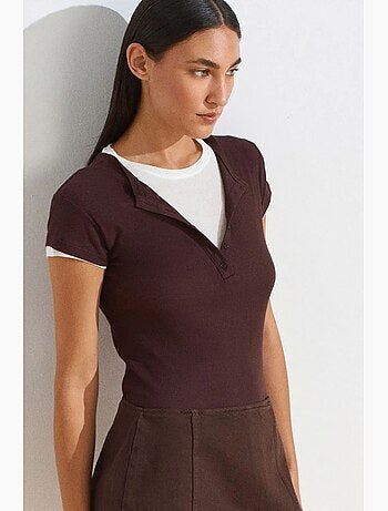 T-shirt femme en coton à col v et patte de boutonnage dilvin