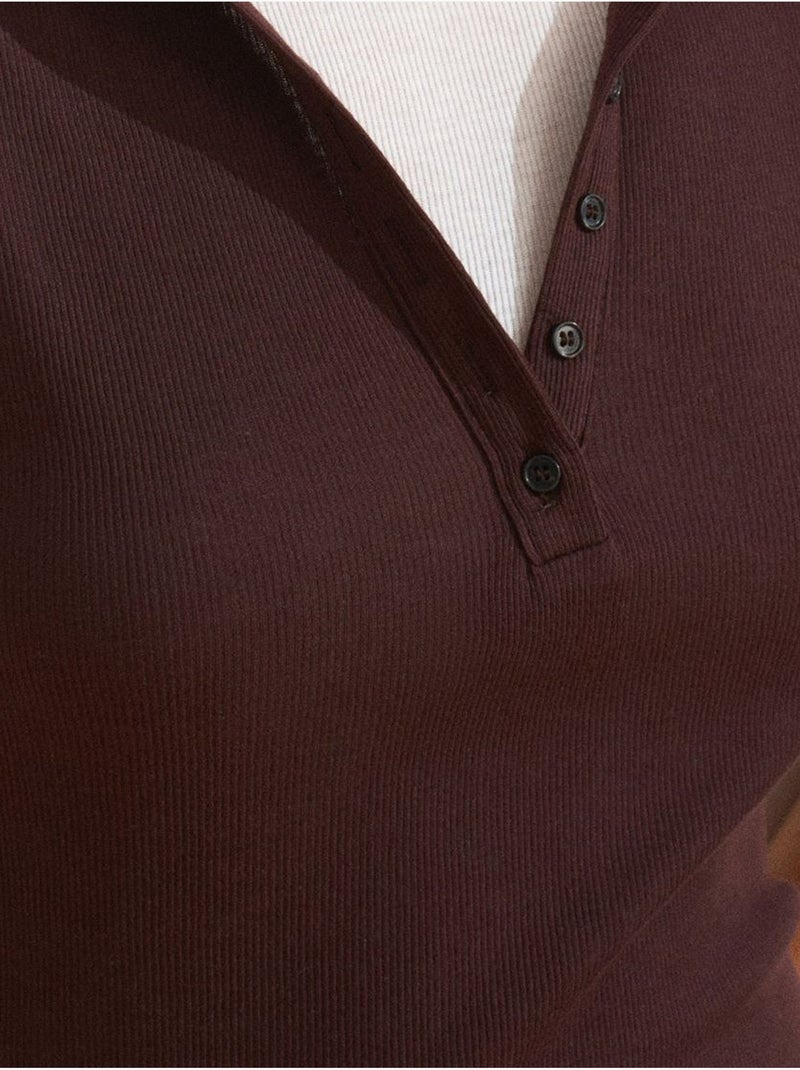 T-shirt Femme En Coton À Col V Et Patte De Boutonnage Rouge bordeaux - Kiabi