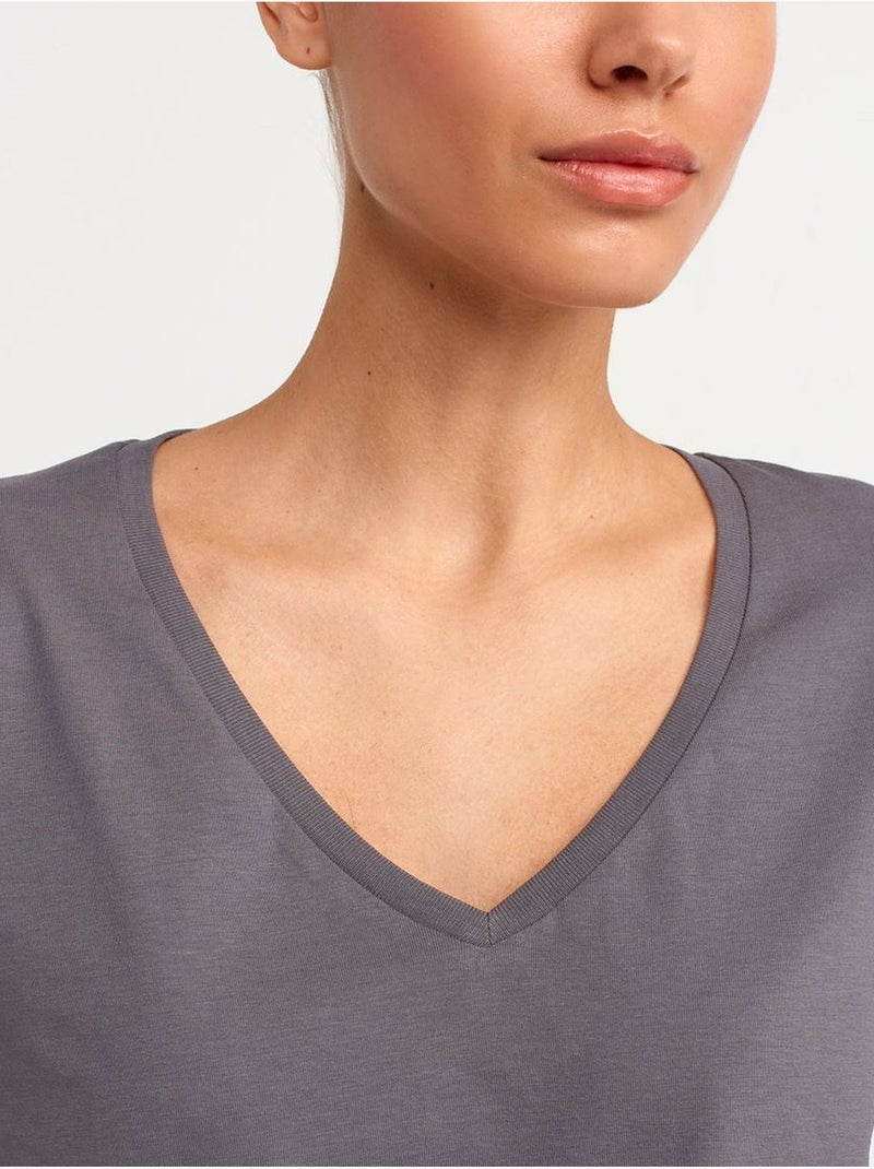 T-shirt Femme En Coton À Col V Gris - Kiabi
