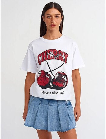 T-shirt Femme En Coton À Imprimé Et Col Rond