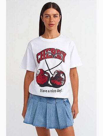 T-shirt femme en coton à imprimé et col rond dilvin