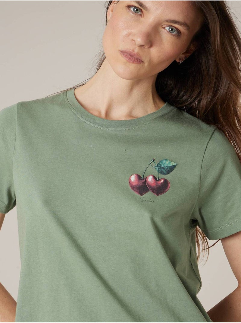T-shirt femme en coton à motif cerises 'Deeluxe' Vert tilleul - Kiabi