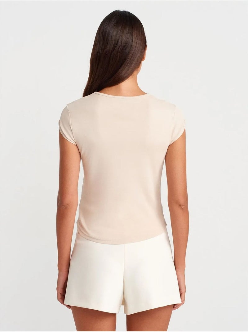 T-shirt femme en coton, coupe ajustée, col rond dilvin Crème - Kiabi