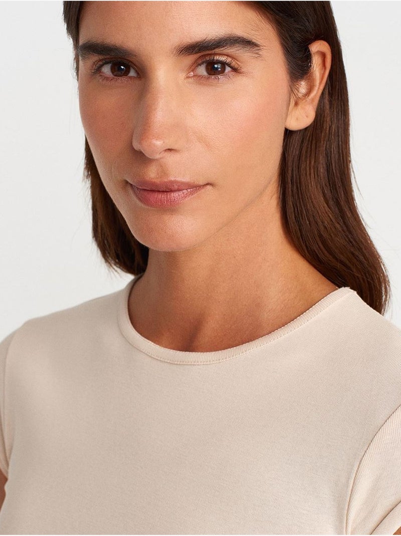 T-shirt femme en coton, coupe ajustée, col rond dilvin Crème - Kiabi
