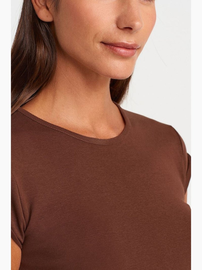 T-shirt femme en coton, coupe ajustée, col rond dilvin Marron - Kiabi