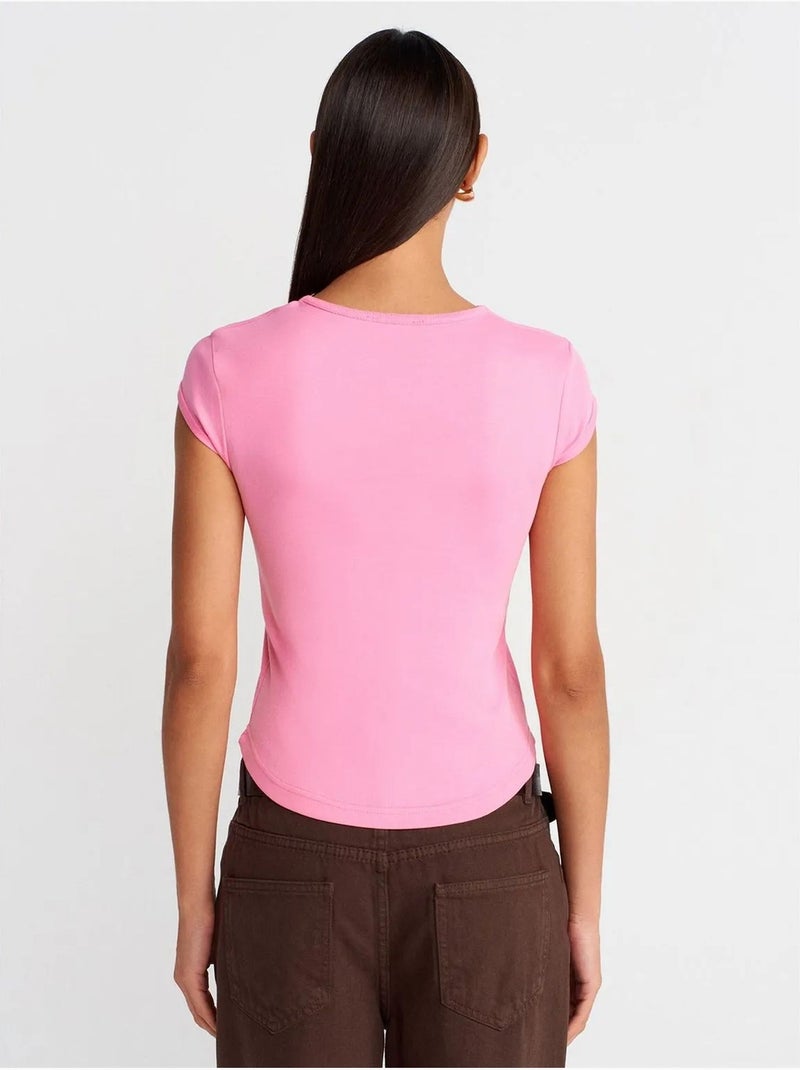 T-shirt femme en coton, coupe ajustée, col rond dilvin Rose fluo/Solinotes - Kiabi