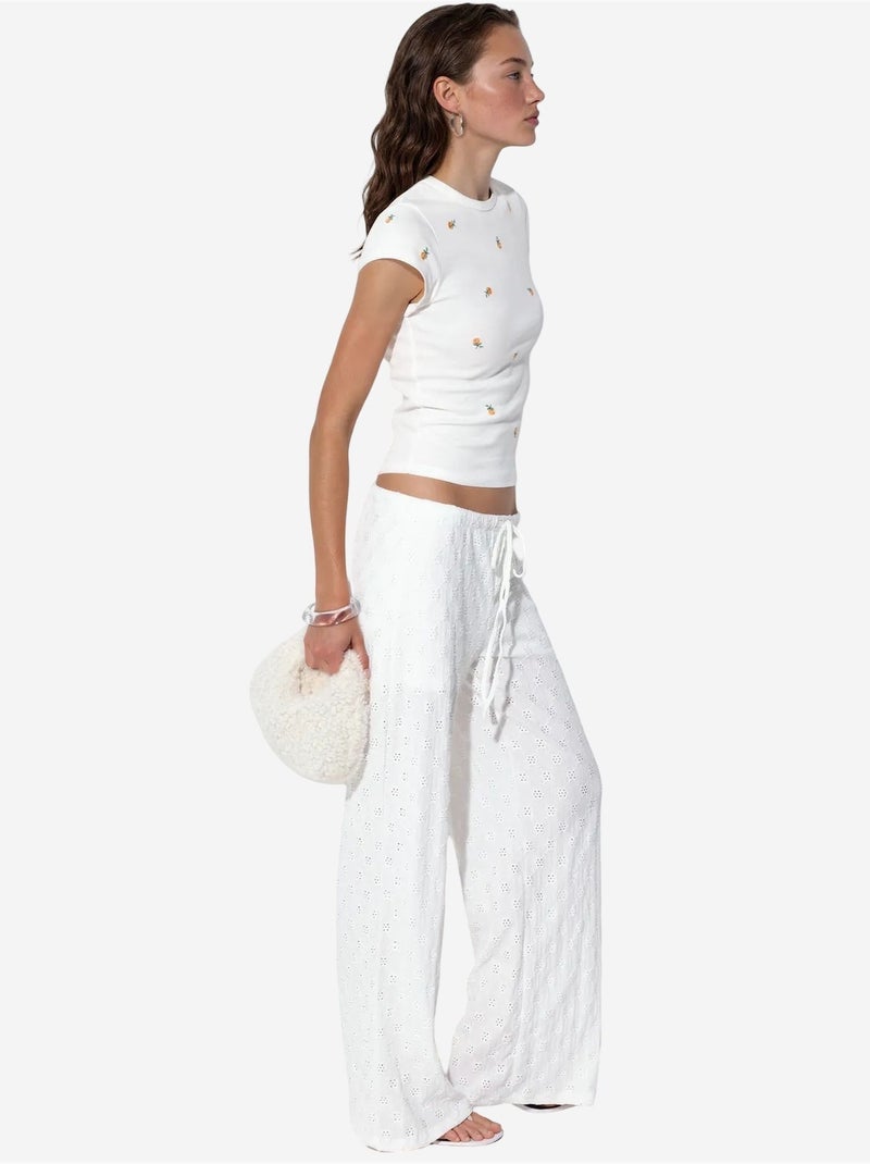 T-shirt femme en coton, coupe slim, col rond brodé busem Blanc - Kiabi