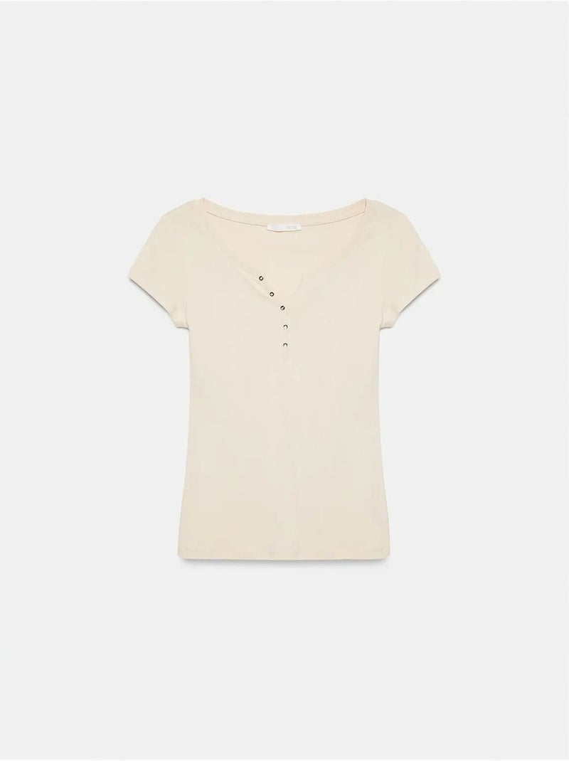T-shirt Femme En Coton, Coupe Slim, Col Rond Crème - Kiabi