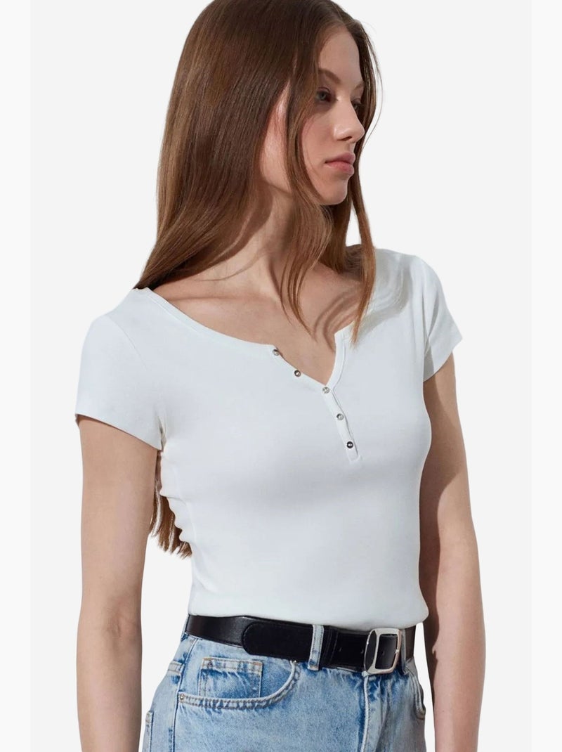 T-shirt femme en coton, coupe slim, col rond dilvin Ecru - Kiabi