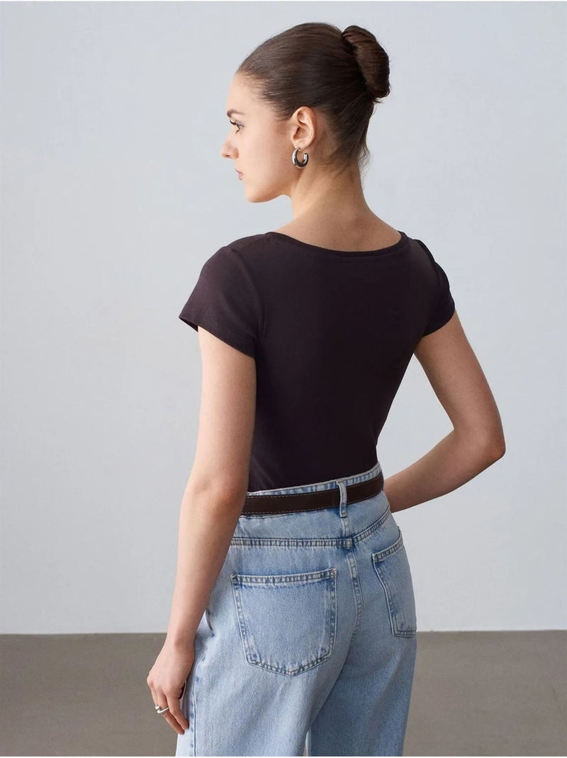 T-shirt femme en coton, coupe slim, col rond dilvin Gris Noir - Kiabi