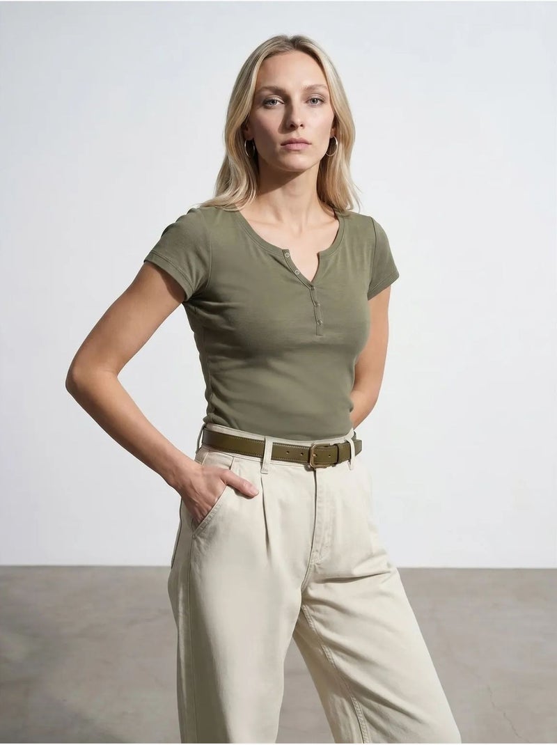 T-shirt Femme En Coton, Coupe Slim, Col Rond Kaki - Kiabi