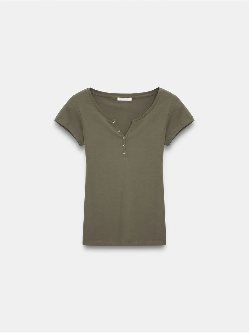 T-shirt Femme En Coton, Coupe Slim, Col Rond Kaki - Kiabi