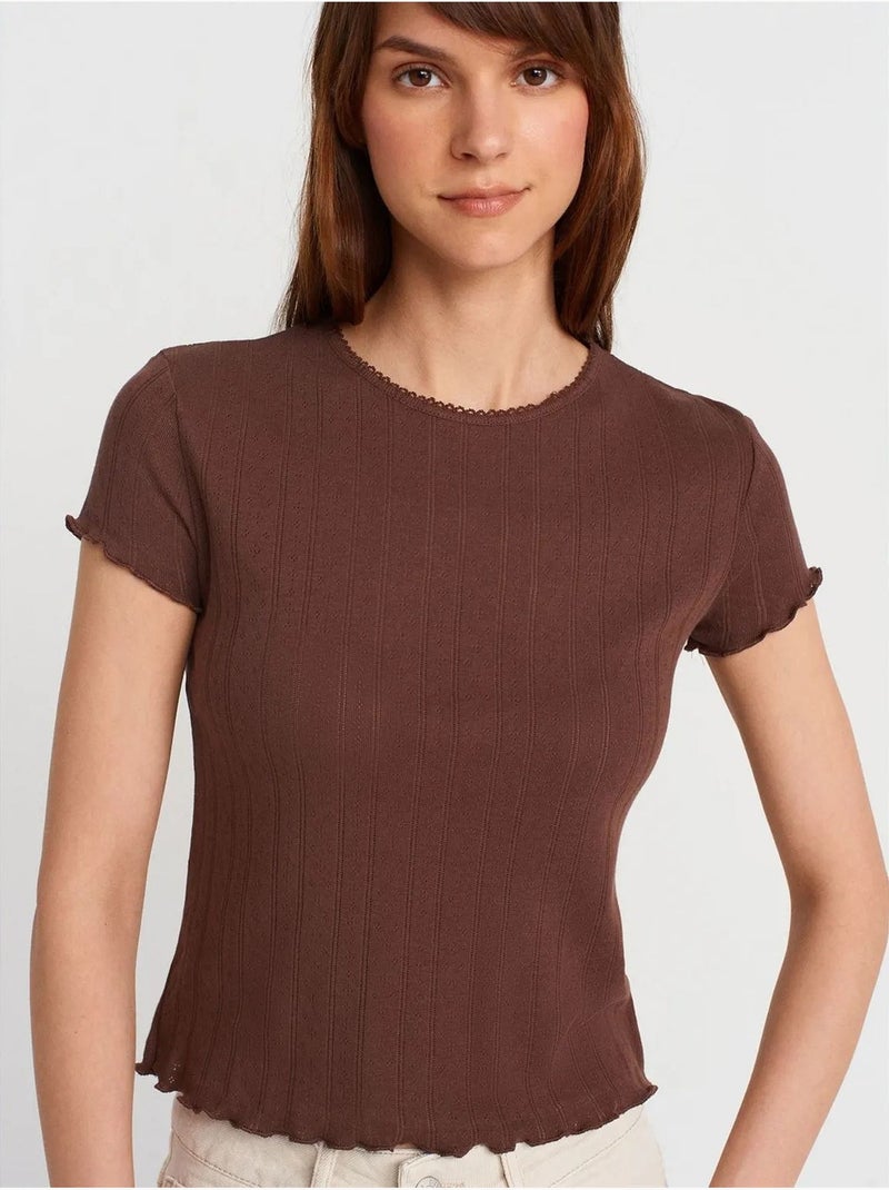 T-shirt Femme En Coton, Coupe Slim, Col Rond Marron - Kiabi