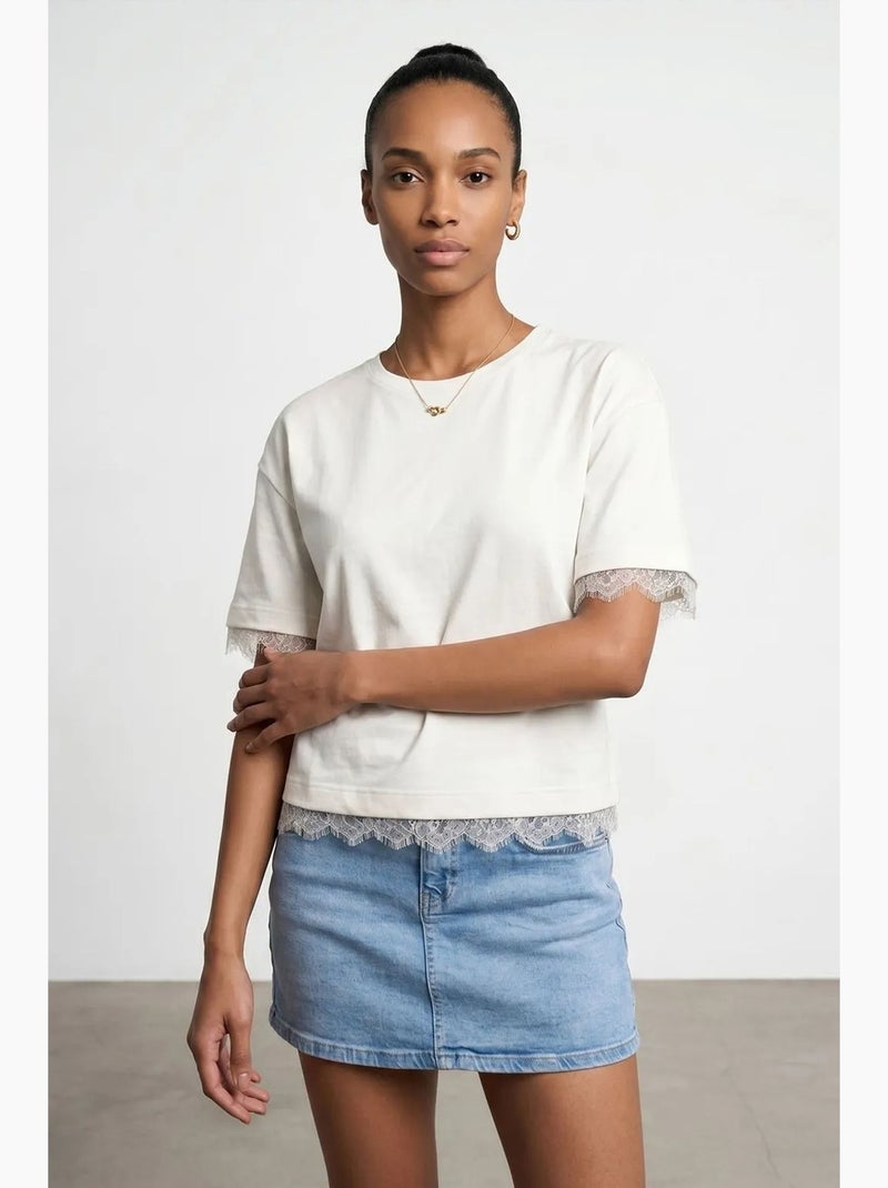 T-shirt femme en coton et élasthanne à col rond dilvin Crème - Kiabi