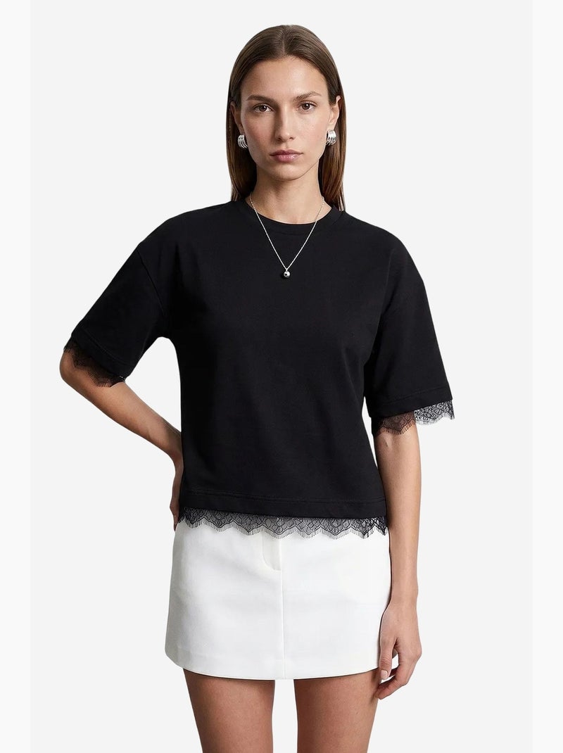 T-shirt femme en coton et élasthanne à col rond dilvin Noir - Kiabi