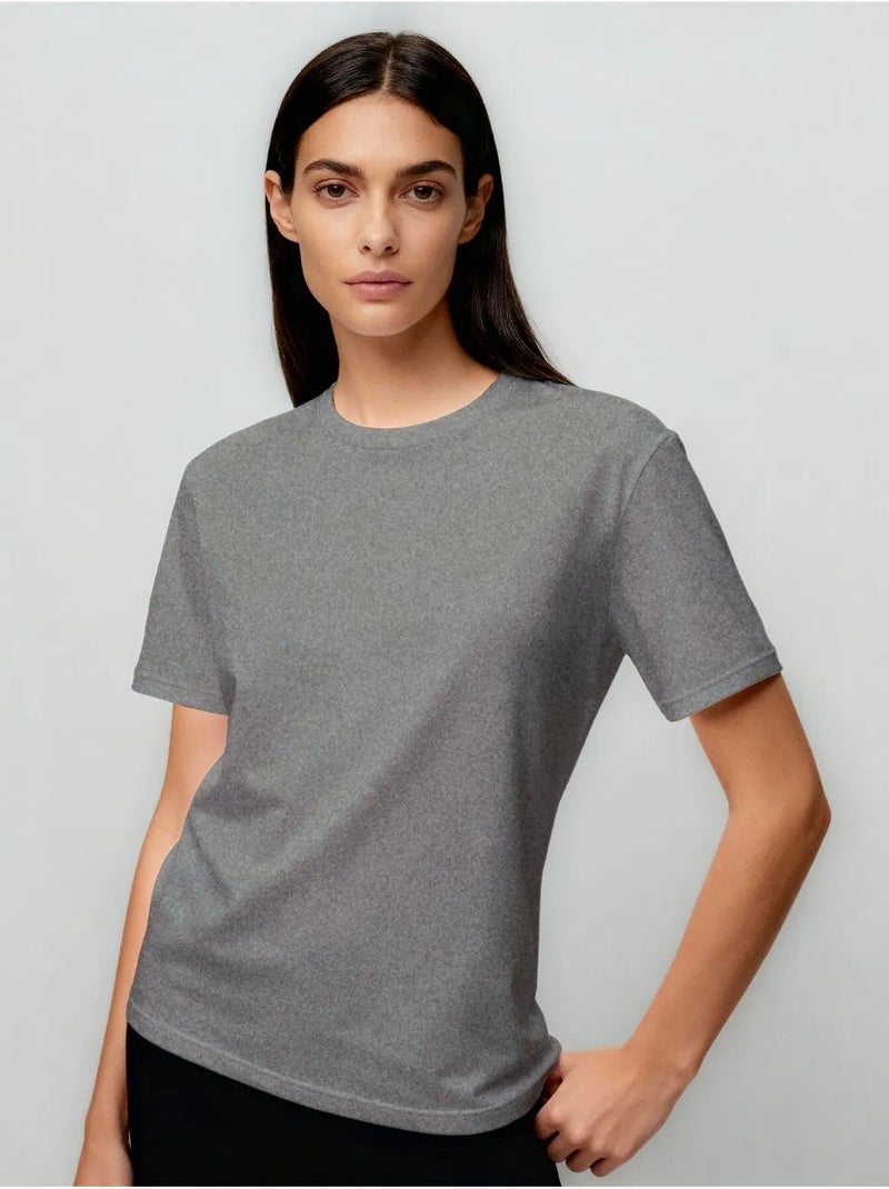 T-shirt femme en coton et élasthanne, col rond tommy Gris moyen - Kiabi