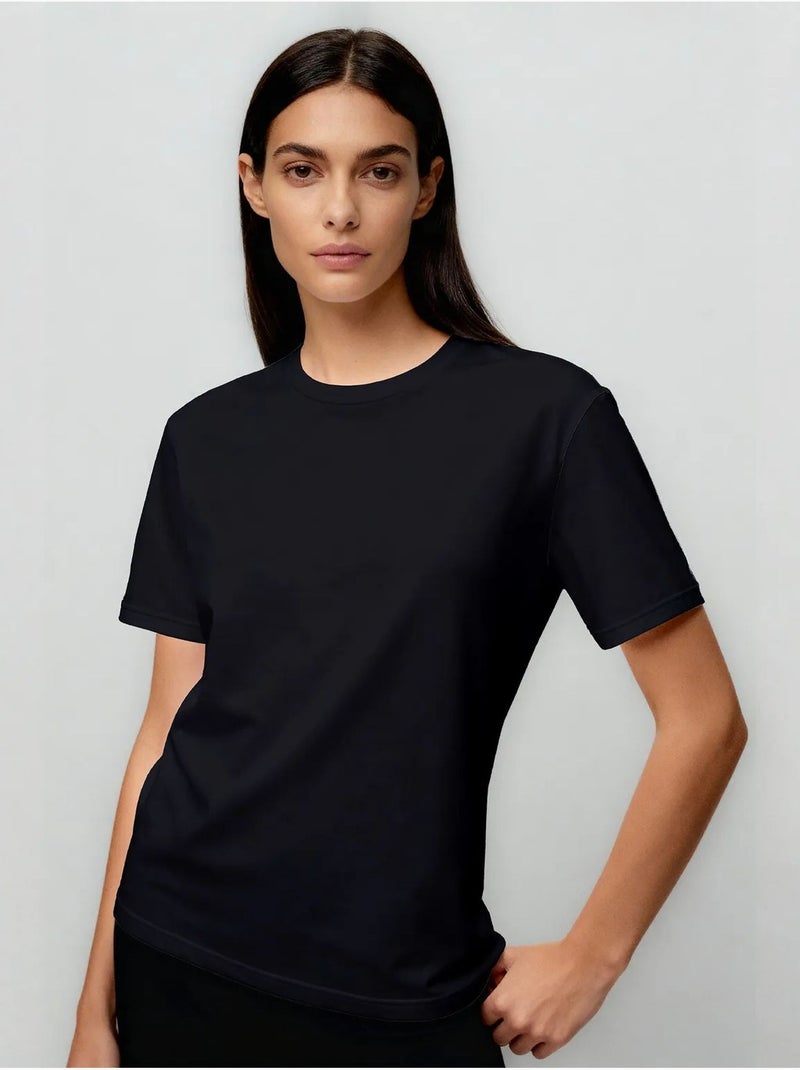 T-shirt femme en coton et élasthanne, col rond tommy Gris Noir - Kiabi