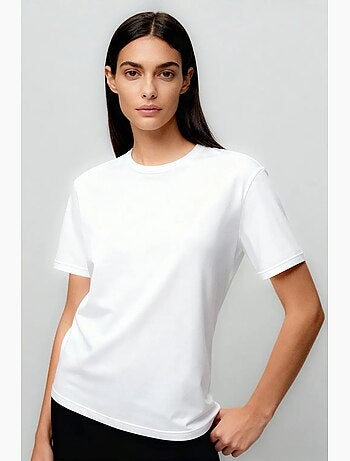 T-shirt femme en coton et élasthanne, col rond tommy