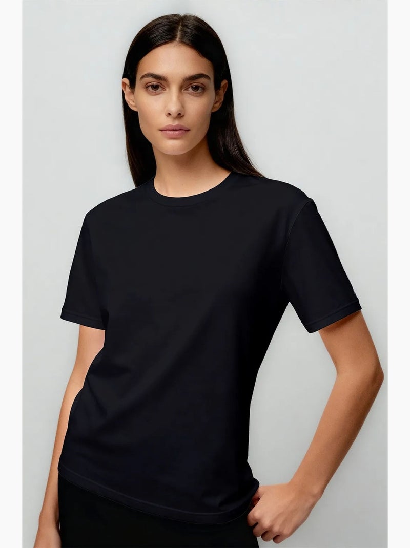 T-shirt femme en coton et élasthanne, col rond tommy Noir - Kiabi