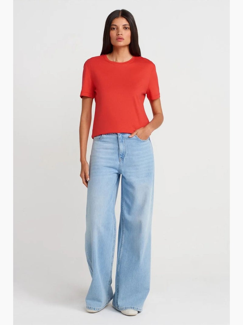 T-shirt femme en coton et modal à col rond dilvin Rouge - Kiabi