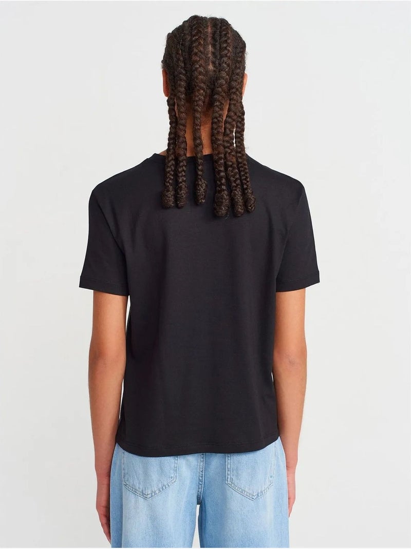 T-shirt Femme En Coton Et Modal À Col Rond Noir - Kiabi