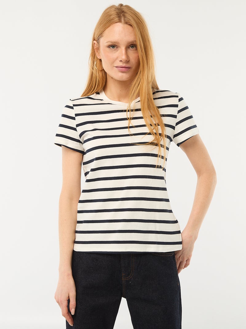 T-shirt femme en coton imprimé à col rond Blanc - Kiabi