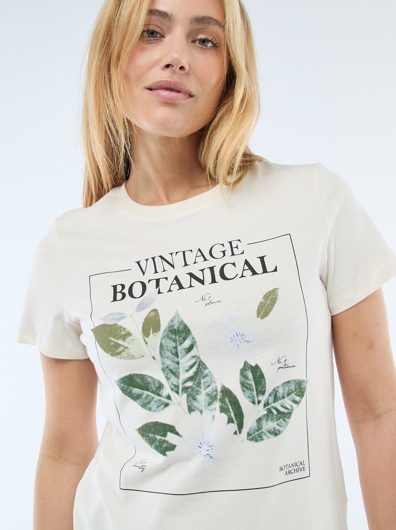 T-shirt femme en coton imprimé à col rond Ecru - Kiabi