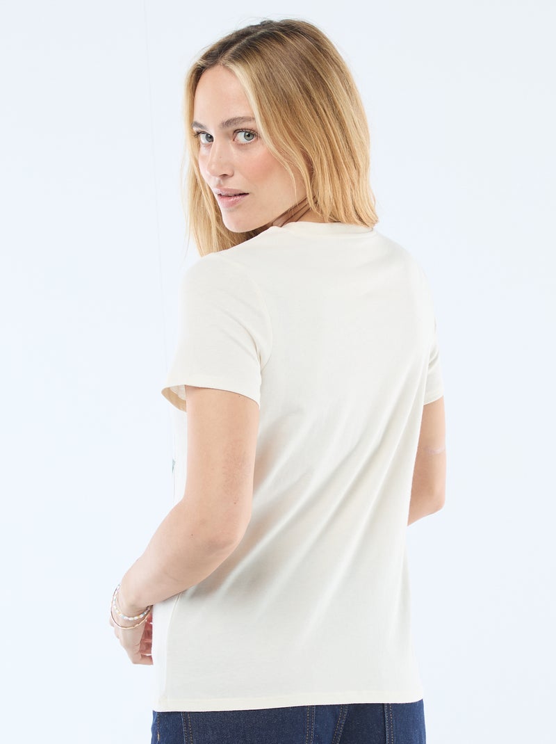 T-shirt femme en coton imprimé à col rond Ecru - Kiabi