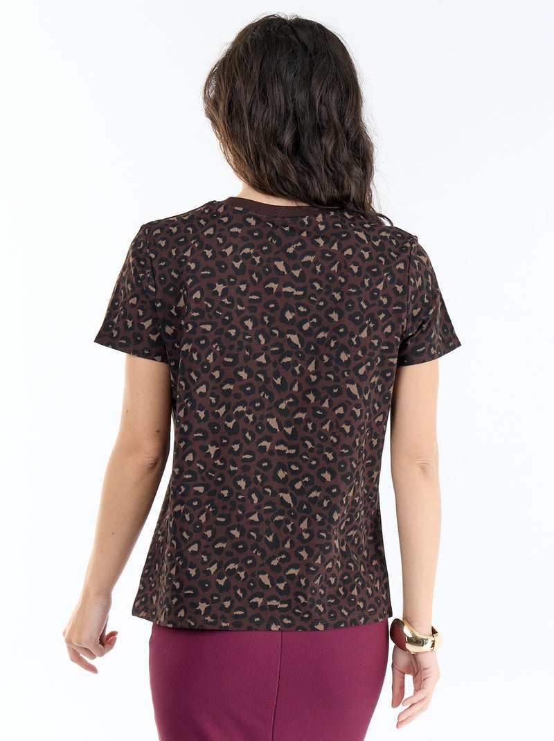 T-shirt femme en coton imprimé à col rond Marron - Kiabi