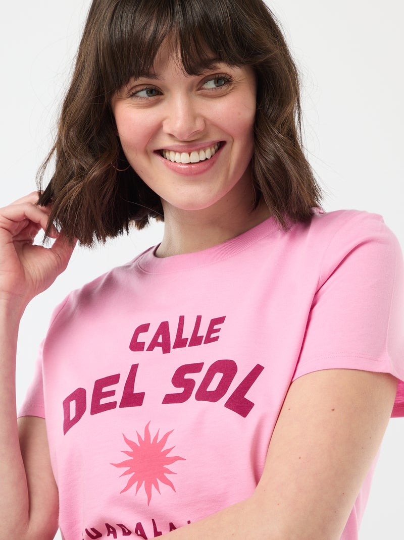 T-shirt femme en coton imprimé à col rond Rose - Kiabi