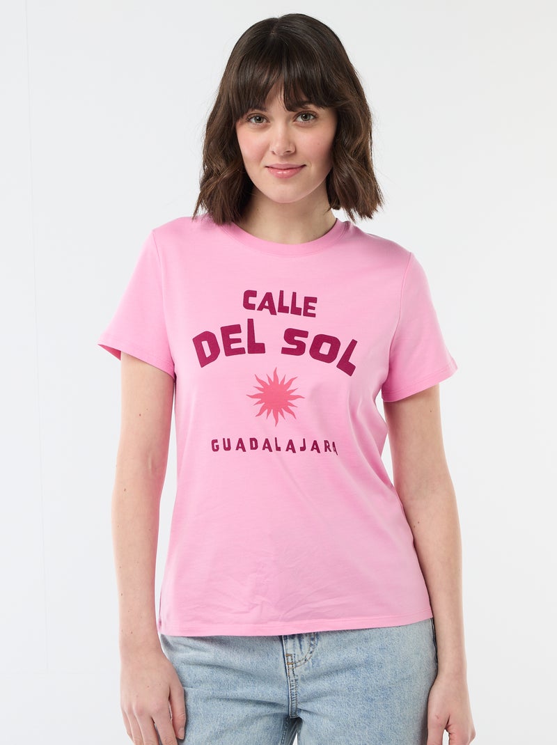 T-shirt femme en coton imprimé à col rond Rose - Kiabi
